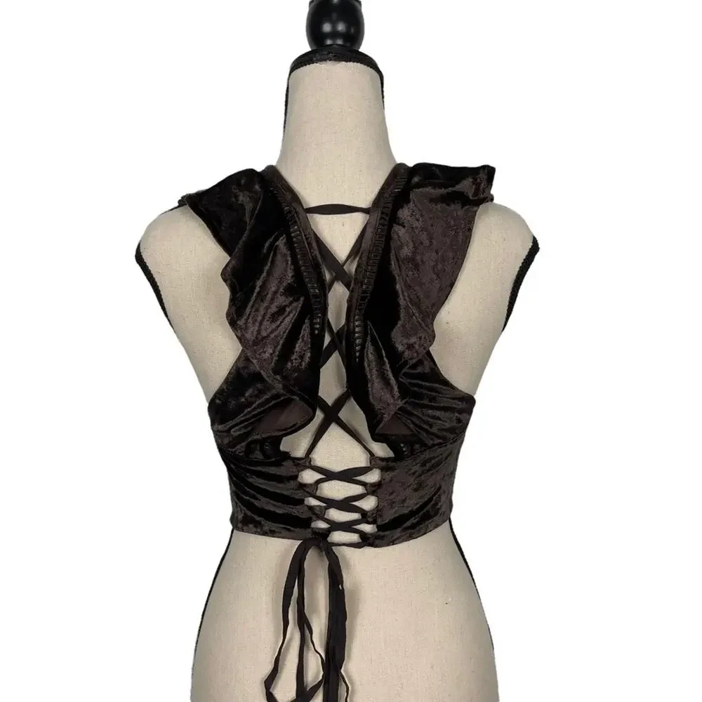 Free People Lillian Velvet Lace Up Tank Top Brown Size XS NWOT